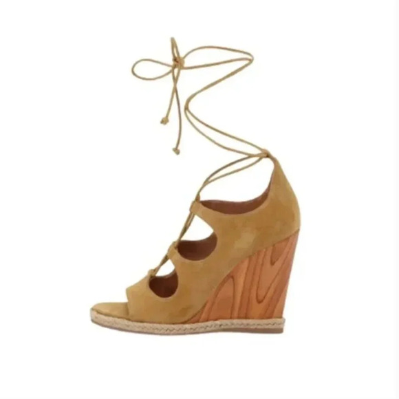 Tory Burch Raya Suede Lace Up Wedges Heeled Heels Tan Brown Open Toe Sandals 9.5 - Picture 10 of 10